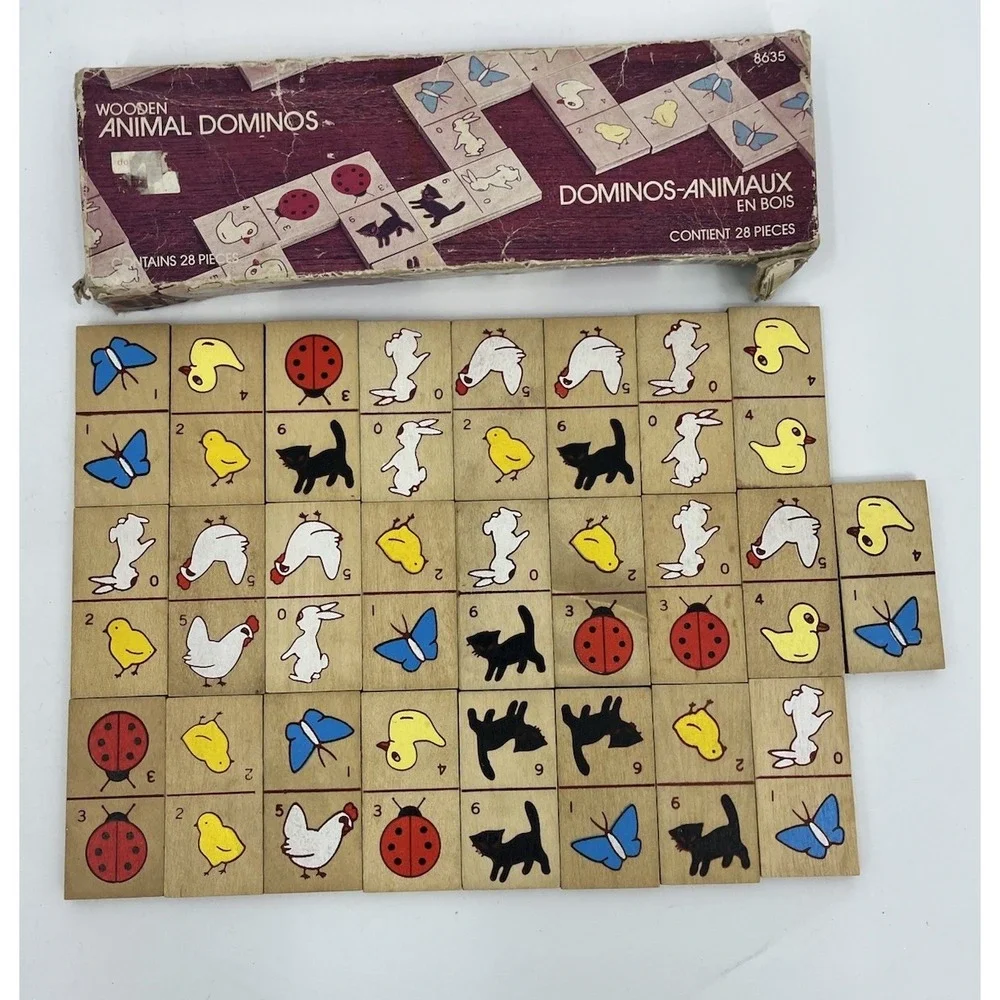 Vintage 1985 Wooden Animal Dominos in Box 25 Pieces Incomplete